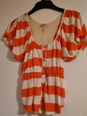 Daytrip Orange and Cream Striped Button-Front Blouse